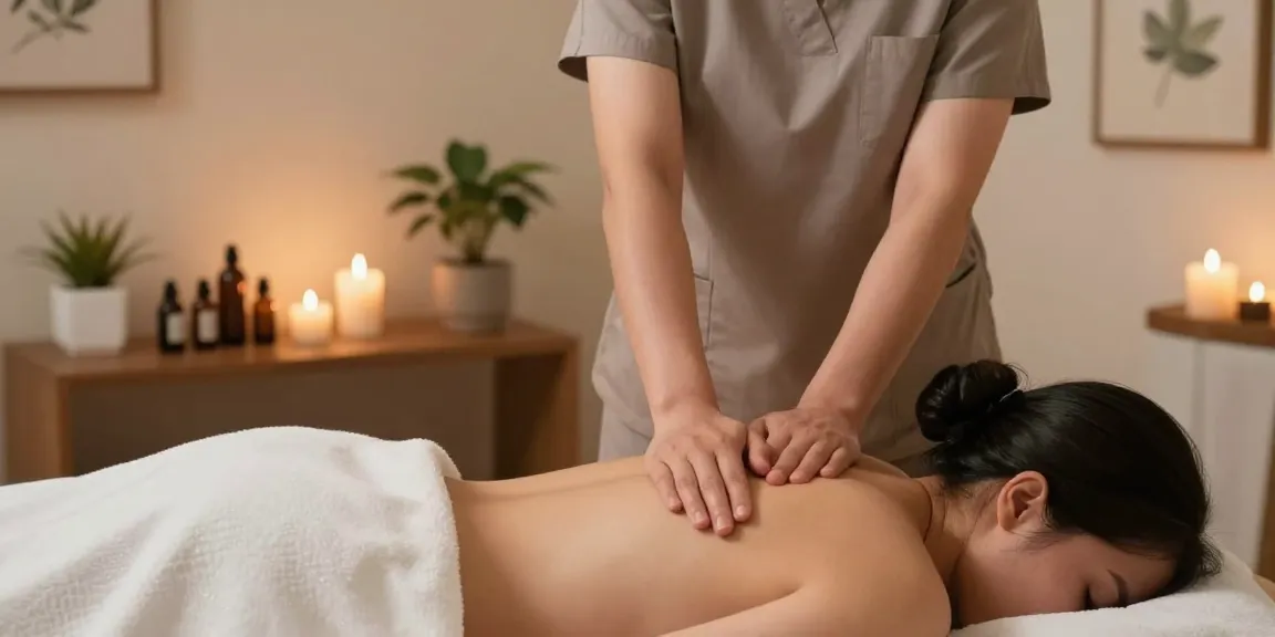 1인샵에서 아로마 오일을 사용하여 마사지를 하는 모습, 차분한 분위기와 편안한 장식이 돋보임.