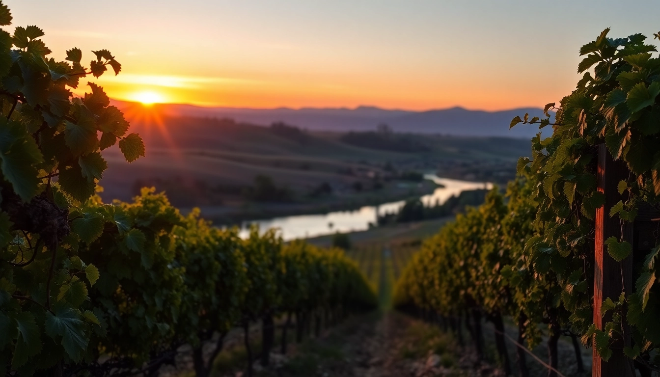 Scenic view of Clarksburg CA vineyards under a vibrant sunset, showcasing serene nature.
