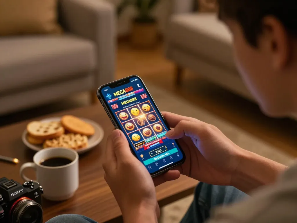 Engaging with MEGA888 slot games on a smartphone in a cozy home setting.