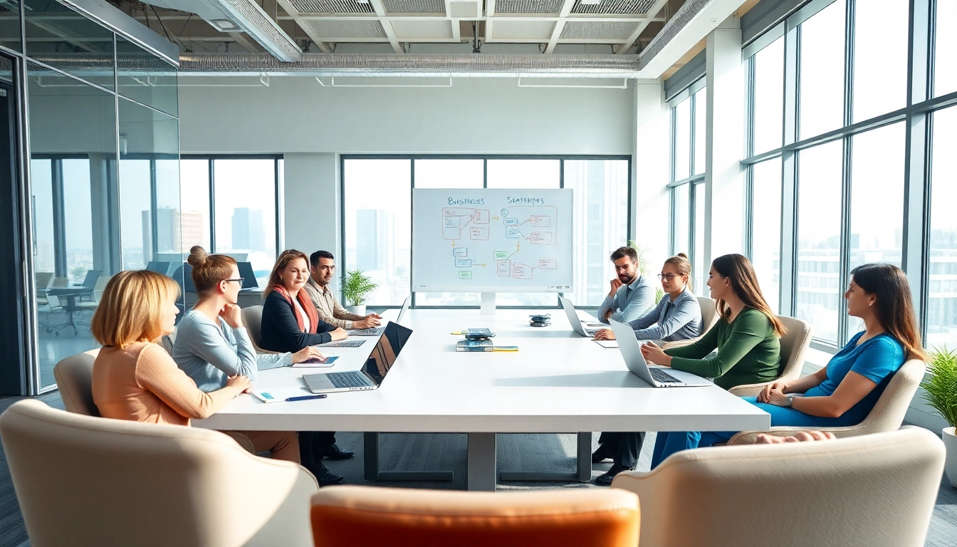 Business professionals collaborating in a modern office meeting environment.