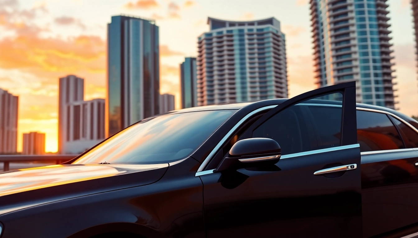 Experience Miami limo service with a professional chauffeur in front of the stunning Miami skyline.