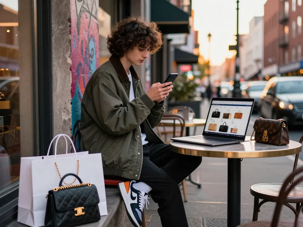 Fashionable individual browsing luxury 레플리카 shopping site, showcasing urban style and trendy accessories.