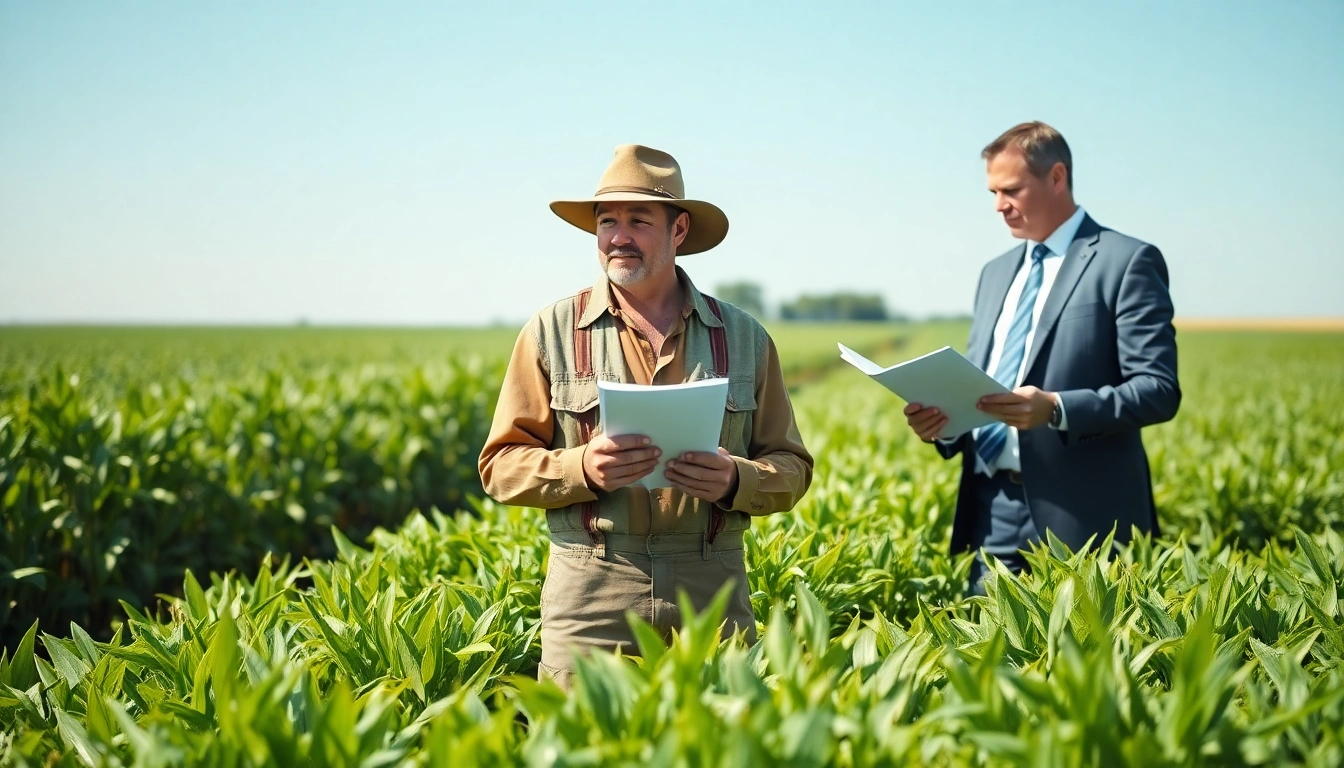 Engaging discussion on agricultural law between a farmer and a lawyer in a sunny field.
