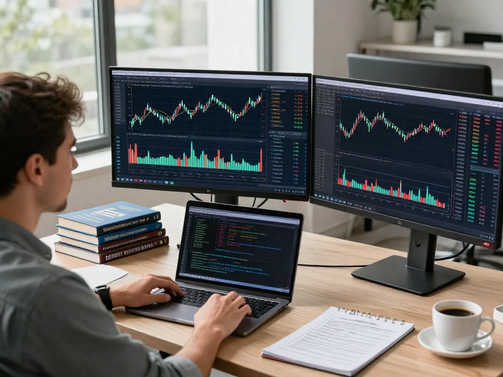 Trader using metatrader 5 for multi-asset analysis with dual monitors and technical tools.
