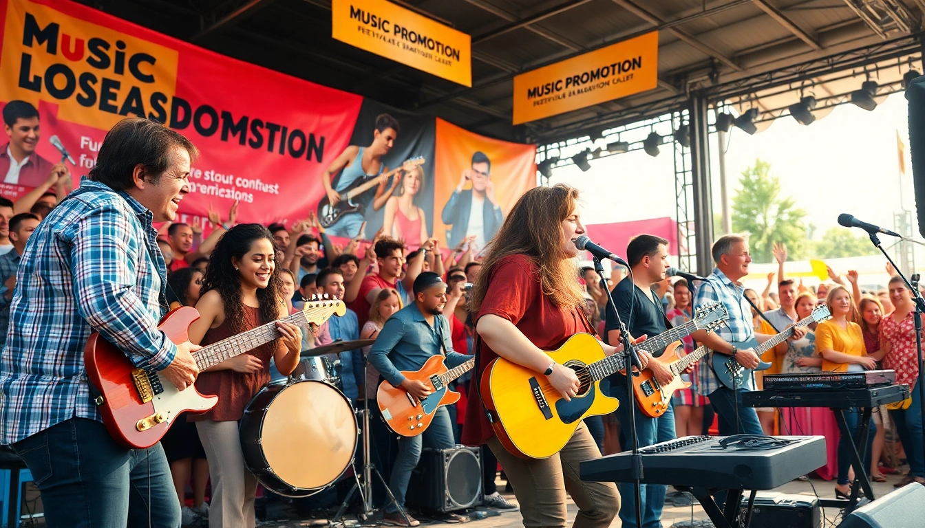 Musicians engaging fans at a live performance to promote music promotion services.