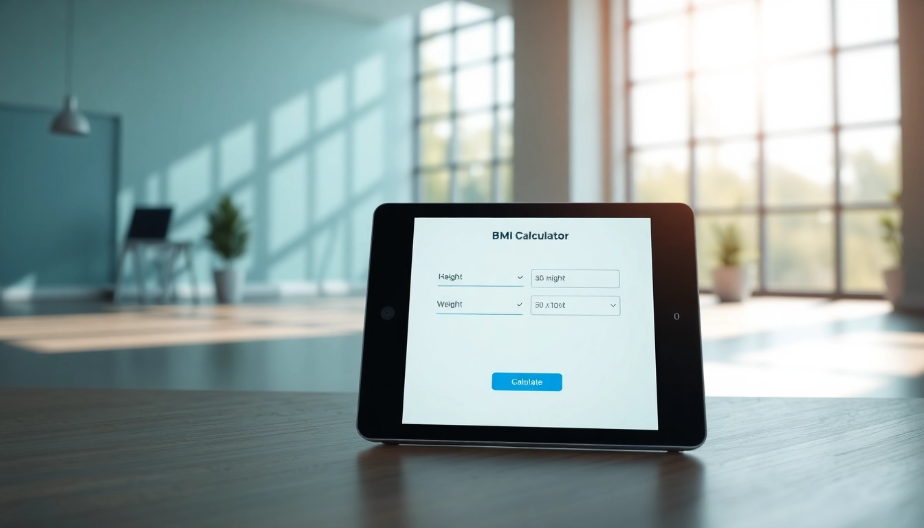 Calculate your BMI calculator with a modern interface on a digital device set in a tranquil environment.