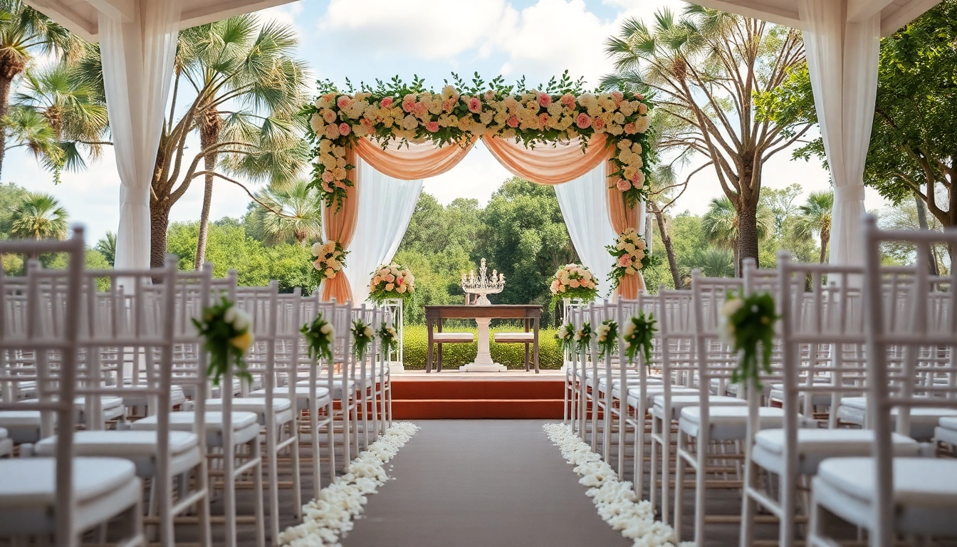 Beautiful wedding ceremony at a Jacksonville Wedding Venue with elegant floral decor and seating arrangement.
