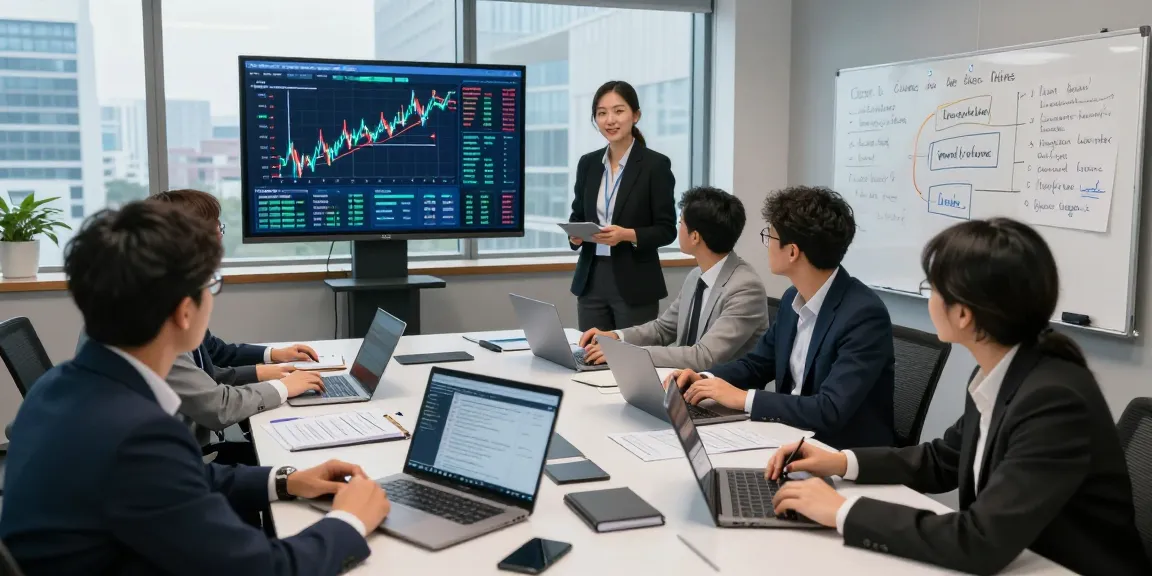 Financial crime intelligence team analyzing data and trends in a modern office during a strategic meeting.
