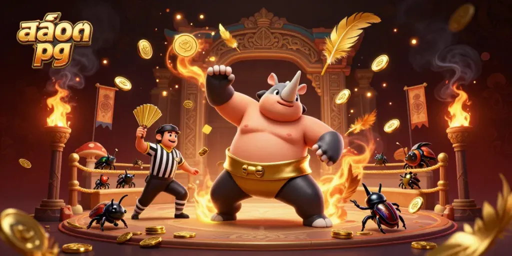 Experience dynamic gameplay with สล็อต pg featuring an energetic beetle sumo champion amidst flying coins.