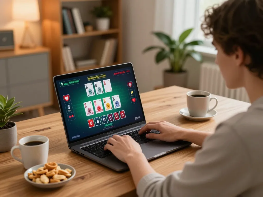 Engaging in online blackjack gaming at https://cm888.mobi/ with a cozy home office setup, showcasing live dealer interaction.