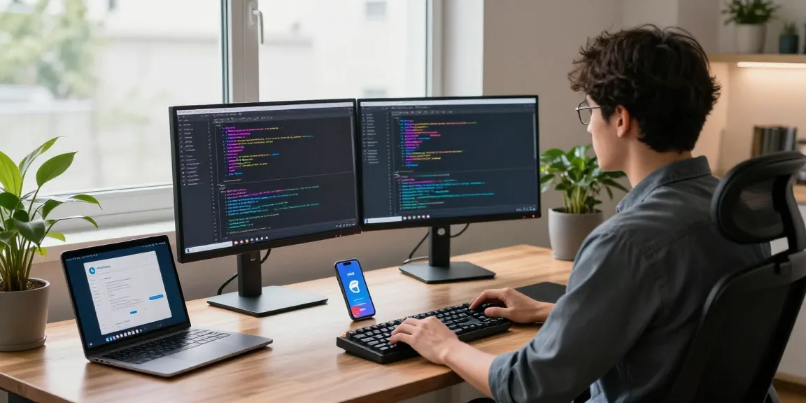 Developer using Telegram interface at a modern workspace, showcasing 纸飞机中文版官网 in an engaging tech setting.