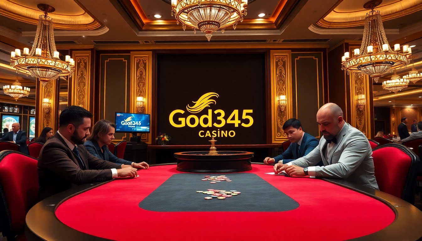 Experience the thrill of gambling at God345 casino with an elegant poker table and spinning roulette.