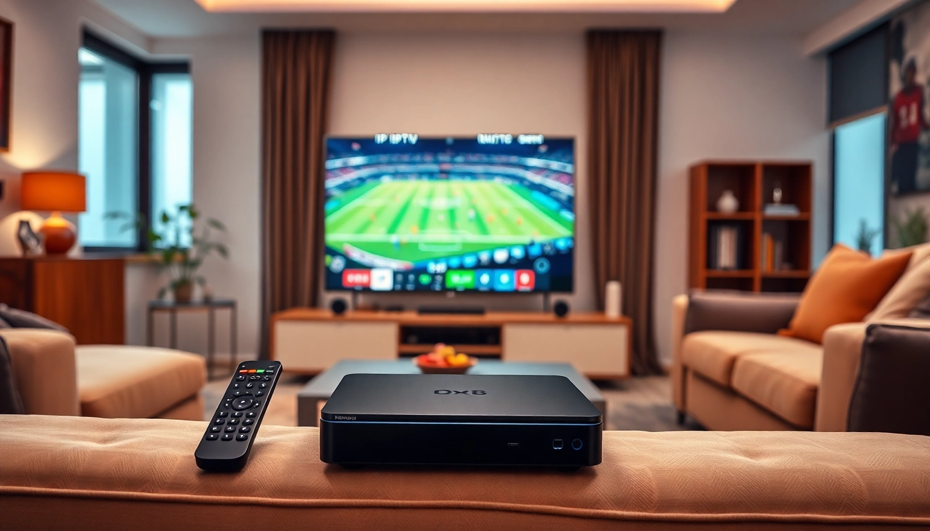 Comprar IPTV en un moderno salón con televisor y entretenimiento vibrante.