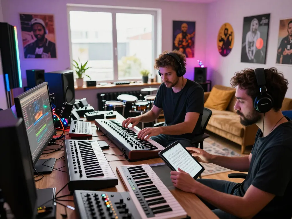 Collaborative electronic music production session at 8Day studio with vibrant atmosphere