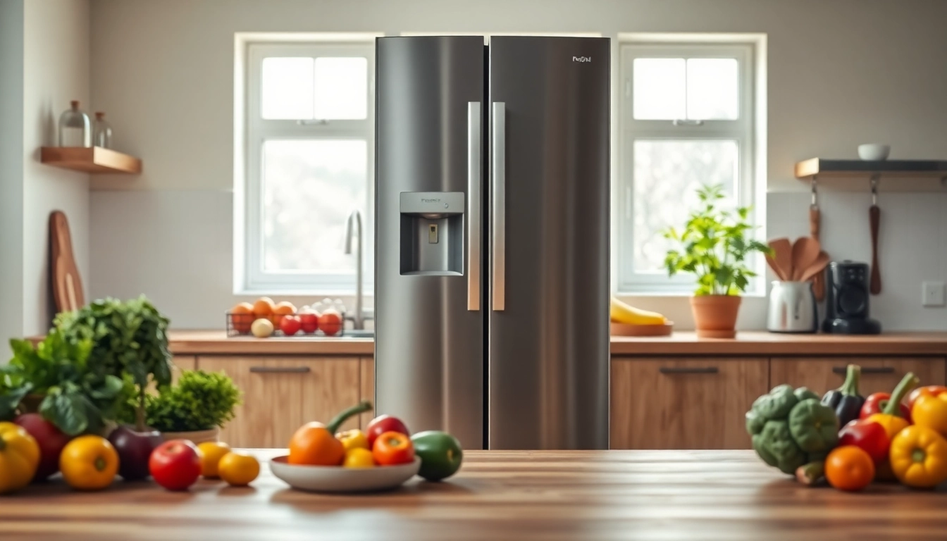 Refrigerator showcasing modern design with fresh ingredients in a cozy kitchen setting.