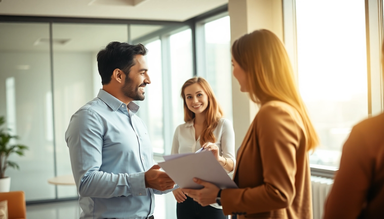 real estate agent engaging clients in a bright modern office with city view