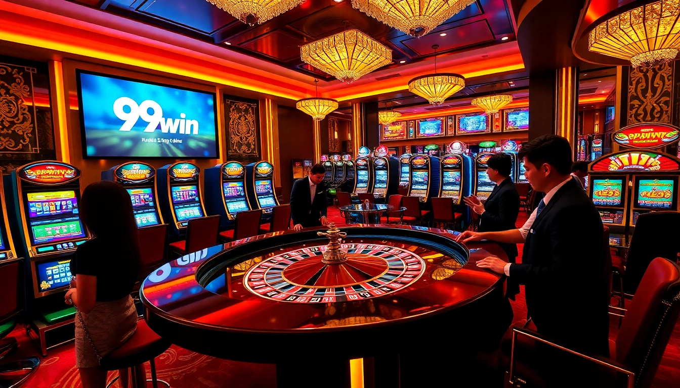 Gambling excitement at 99win casino with colorful roulette table and vibrant slot machines.