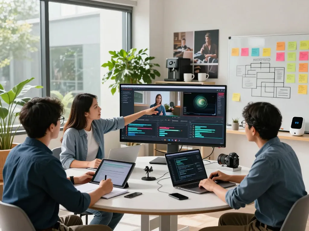 Team collaborating to generate video to prompt AI analyses in modern studio setting