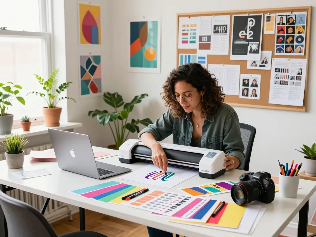 Design Studio workspace with designer creating unique Cricut projects amidst colorful materials and inspiring designs.