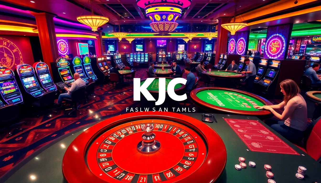 Engaging image of a bustling casino atmosphere by KJC AC, showcasing roulette, poker, and slot machines.