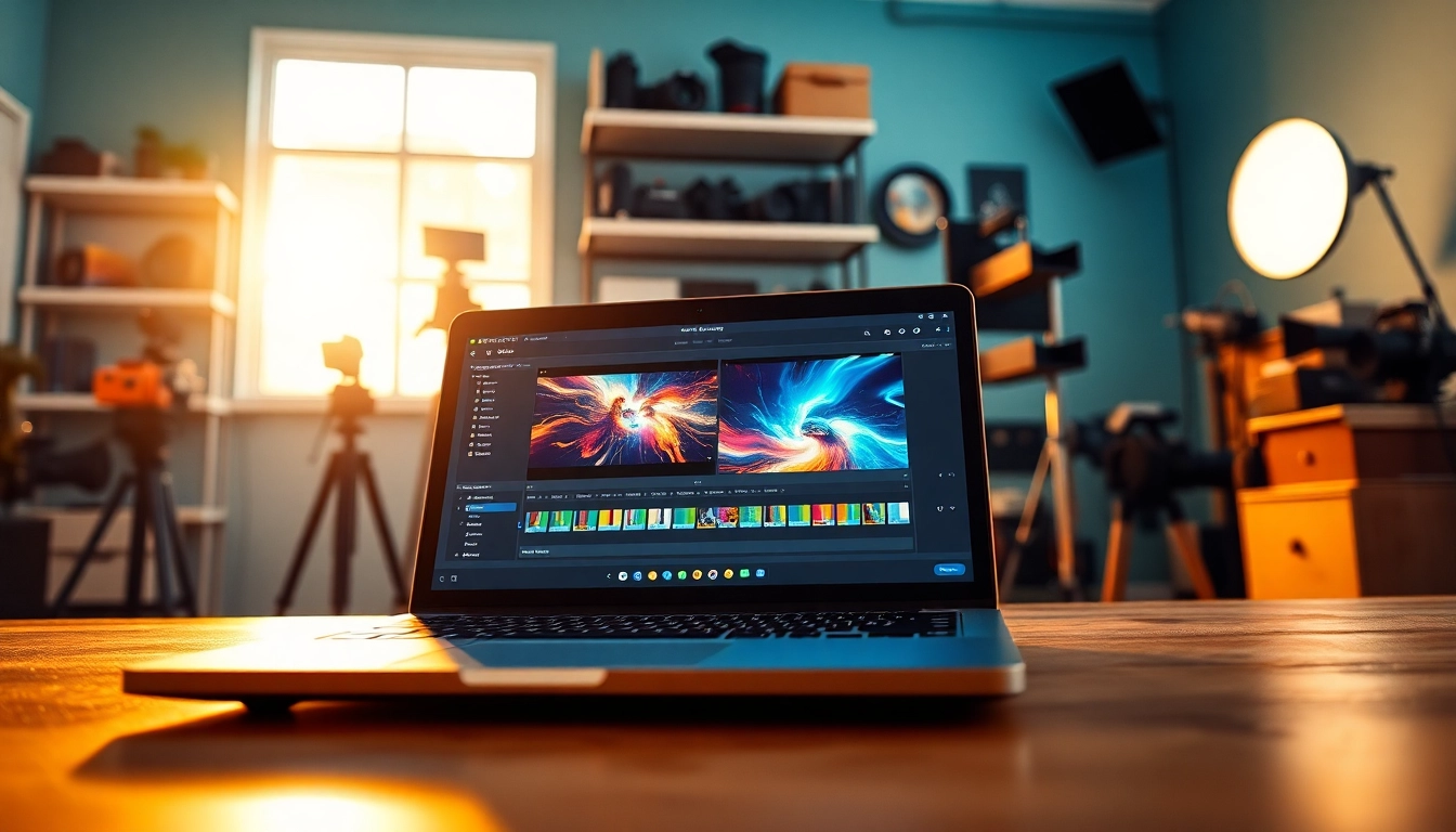 Create dynamic AI video generator visuals in an energetic studio environment.