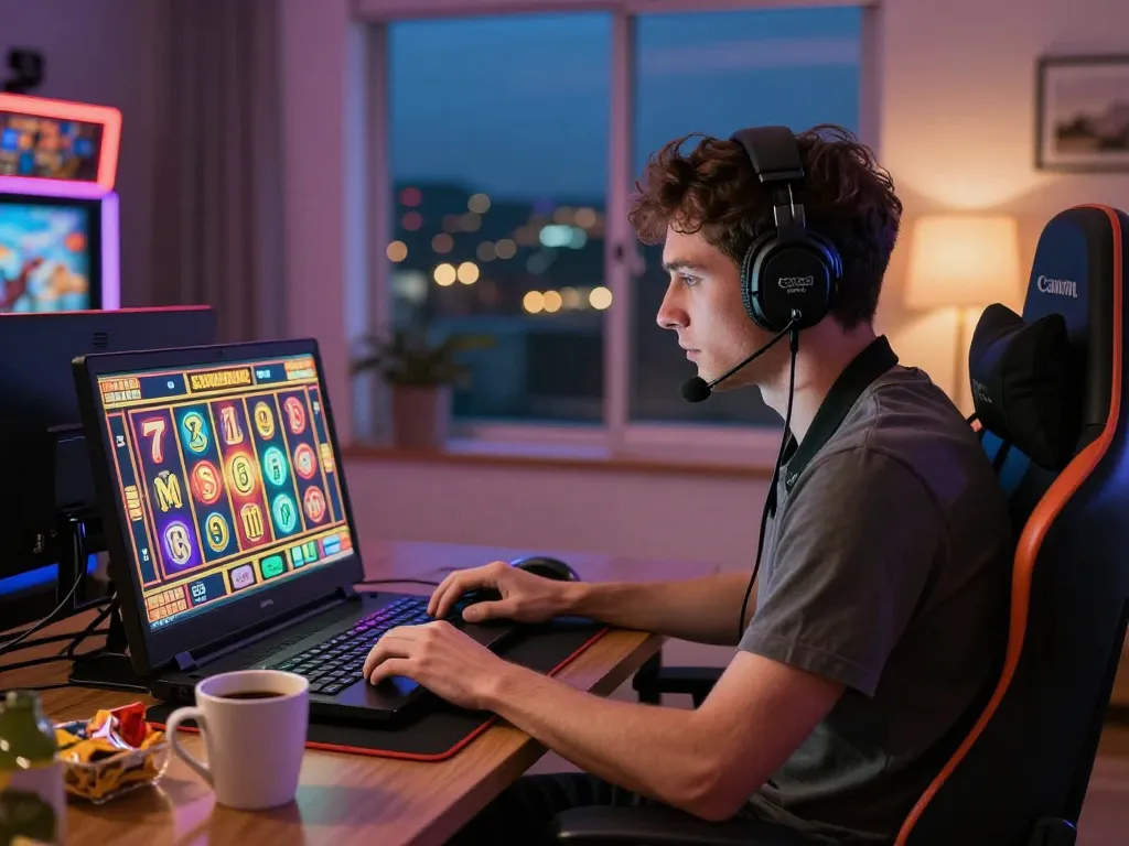 Momen permainan yang mengasyikkan menampilkan slot gacor hari ini di rumah, pemain terlibat dengan laptop dan layar yang bersinar.