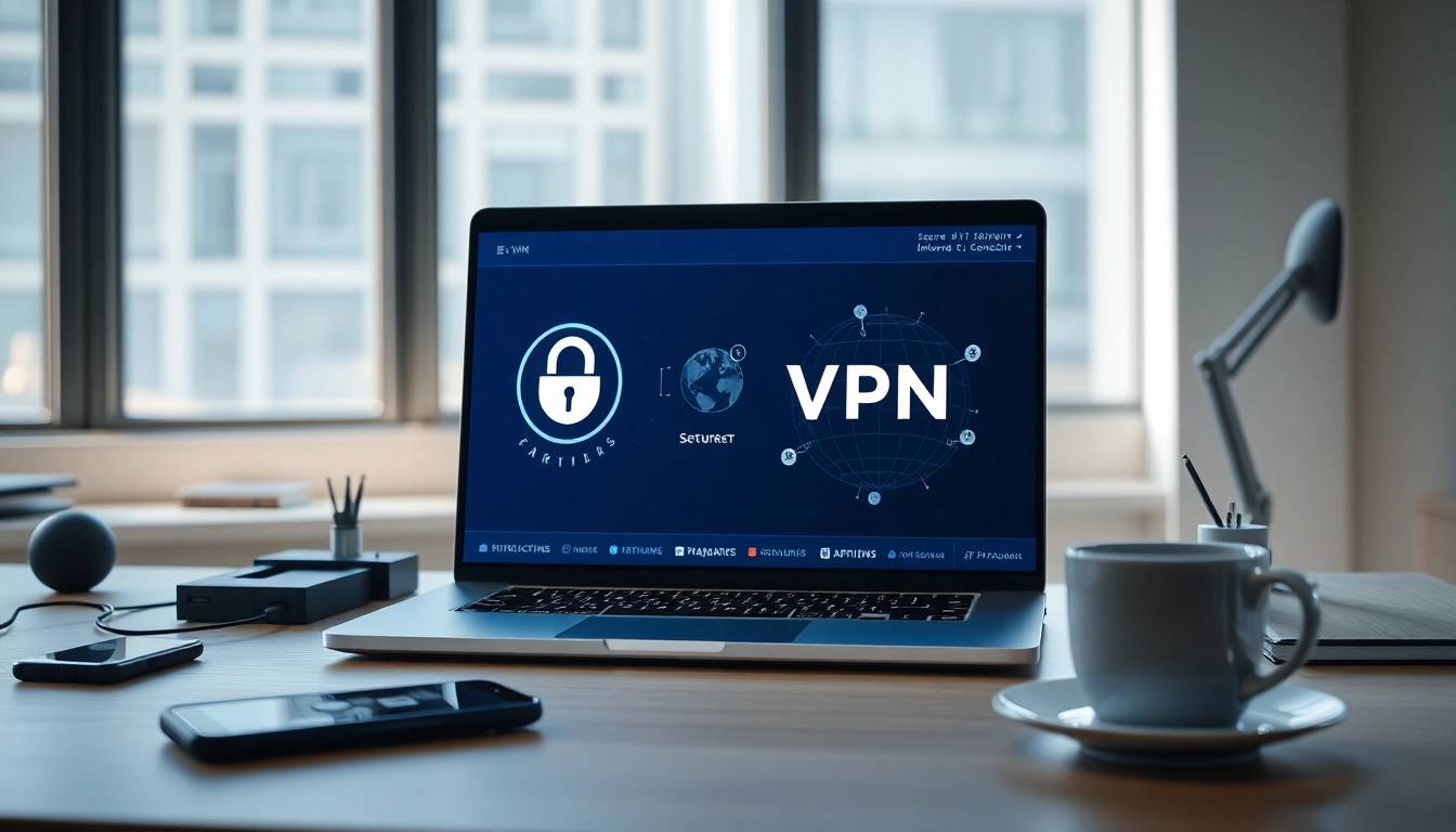 在安全的办公室工作区，现代笔记本上的快连 VPN 界面。