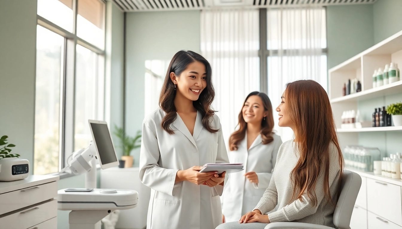 現代的で居心地の良いクリニックでの女性の薄毛治療相談、専門的な雰囲気。