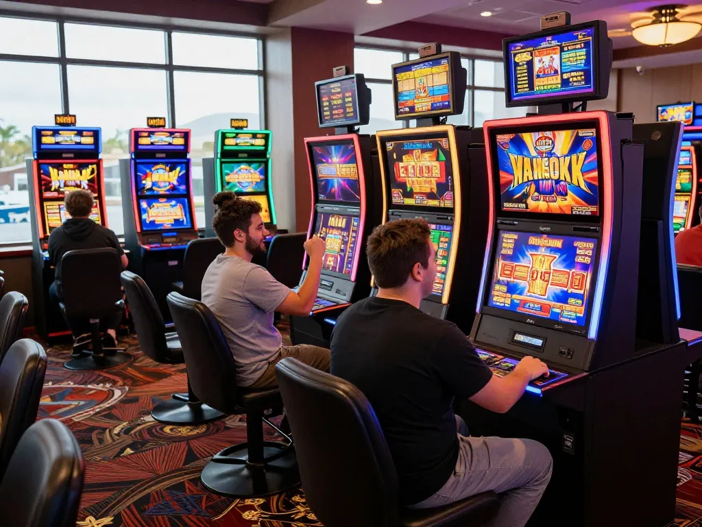 Suasana kasino online yang menarik menyoroti slot gacor hari ini dengan pemain yang menikmati mesin permainan yang penuh warna.