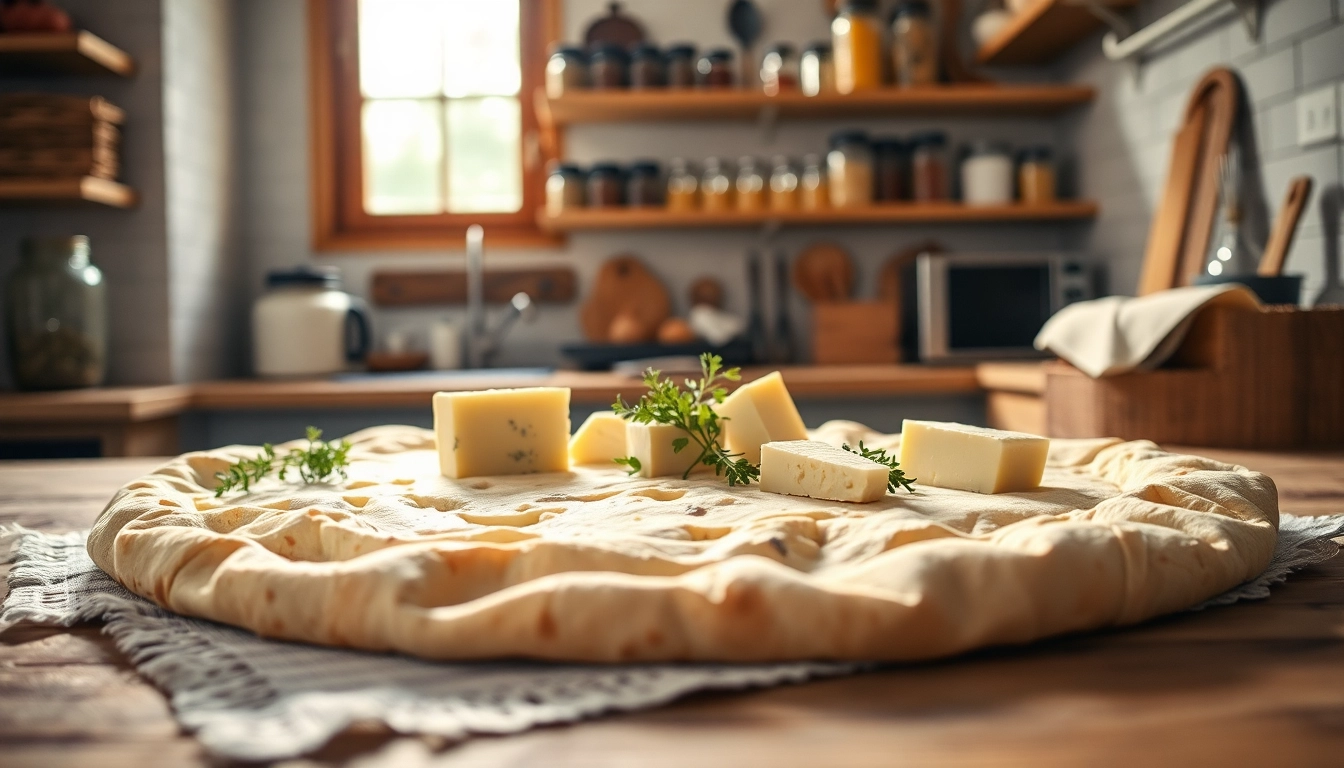 Kaasdoek met vers gemaakte kaas en kruiden op een houten tafel in de keuken.