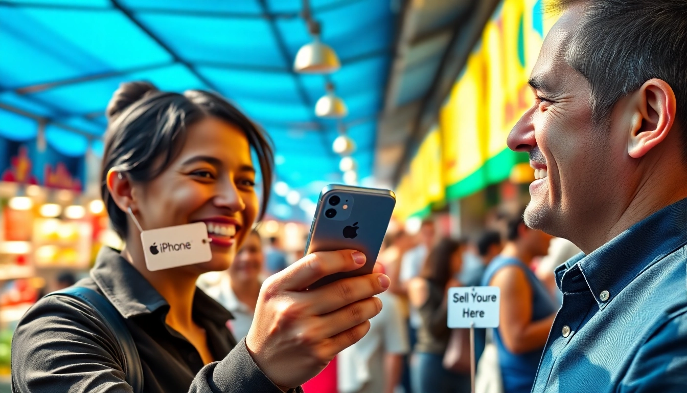 Sell your iPhone with a smiling seller and buyer at a vibrant marketplace.