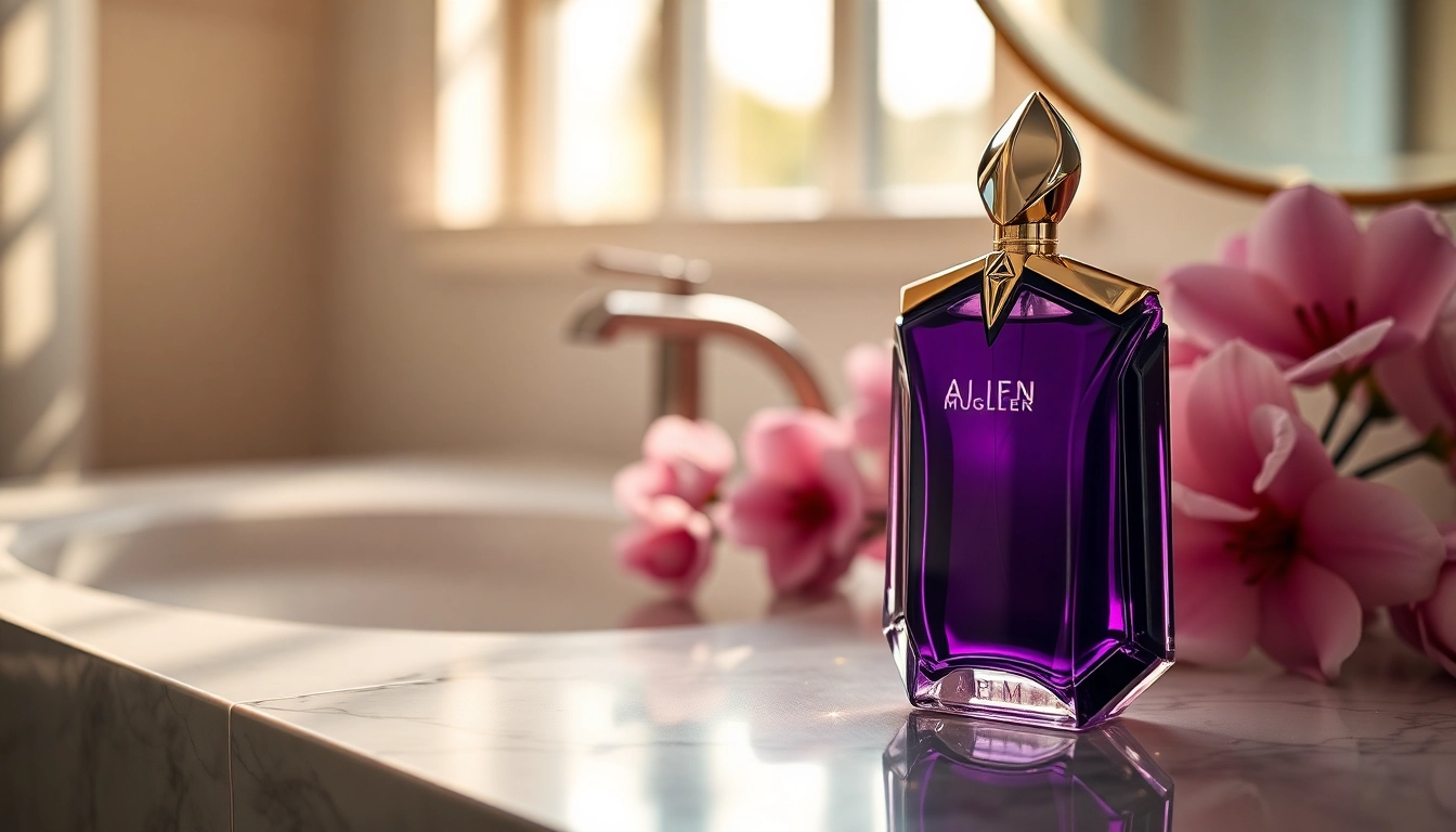 Experience the elegance of Alien Mugler perfume with its unique design and luxurious setting.