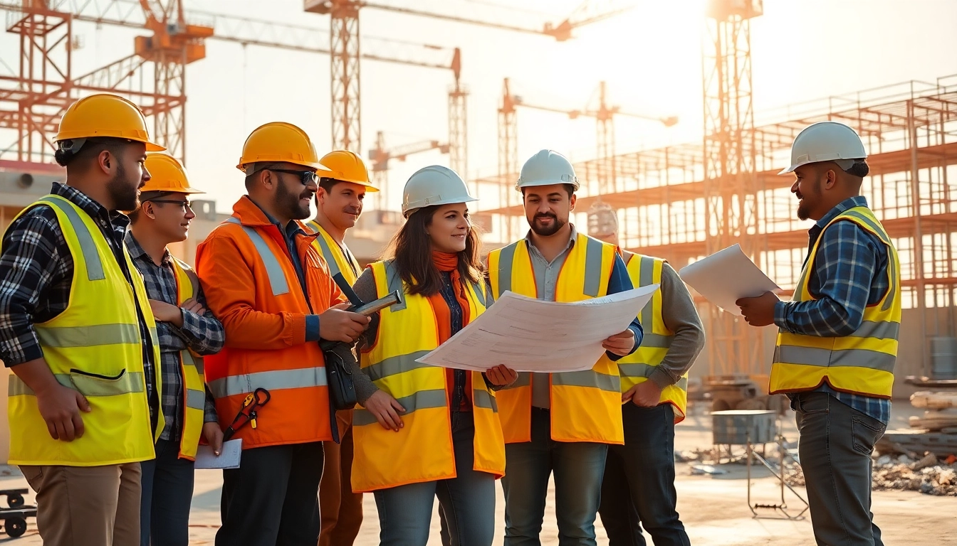 Construction association north carolina workers collaborating on a project with blueprints and tools.