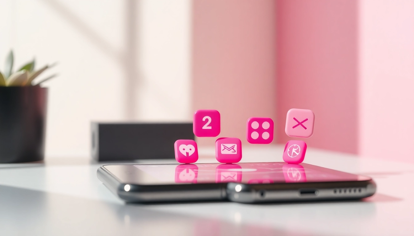 Showcasing vibrant pink app icons on a sleek smartphone amidst a minimalist background.