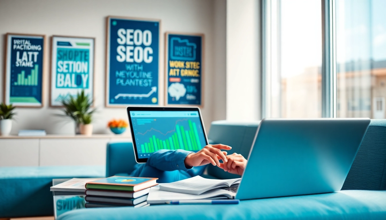Analyze SEO data on a laptop in a modern office setting with vibrant colors.