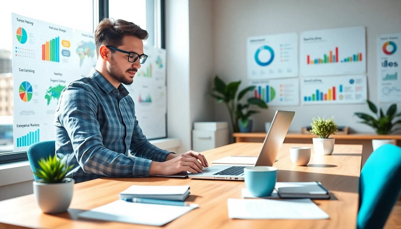 Engaging digital marketing strategist at work analyzing data for https://albmaftoh.com with infographics.