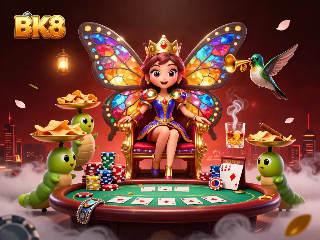 Experience the excitement of BK8 in this vibrant 3D casino scene with a butterfly queen and poker elements.