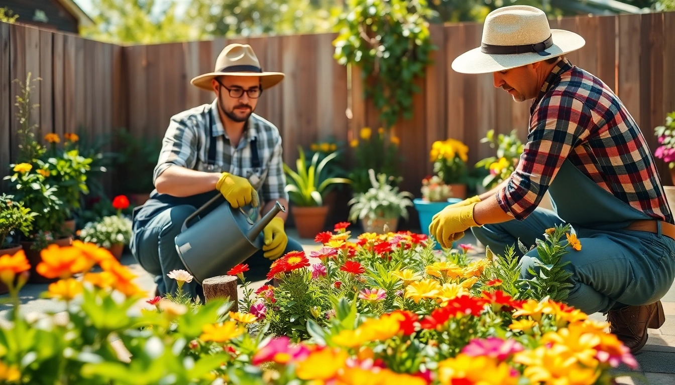 Gardening expert nurturing colorful flowers in a sunny garden setting.