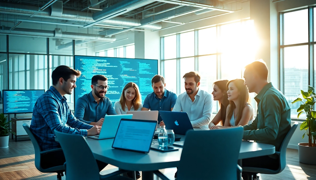Web development company team collaborating on a project in a modern, vibrant office.