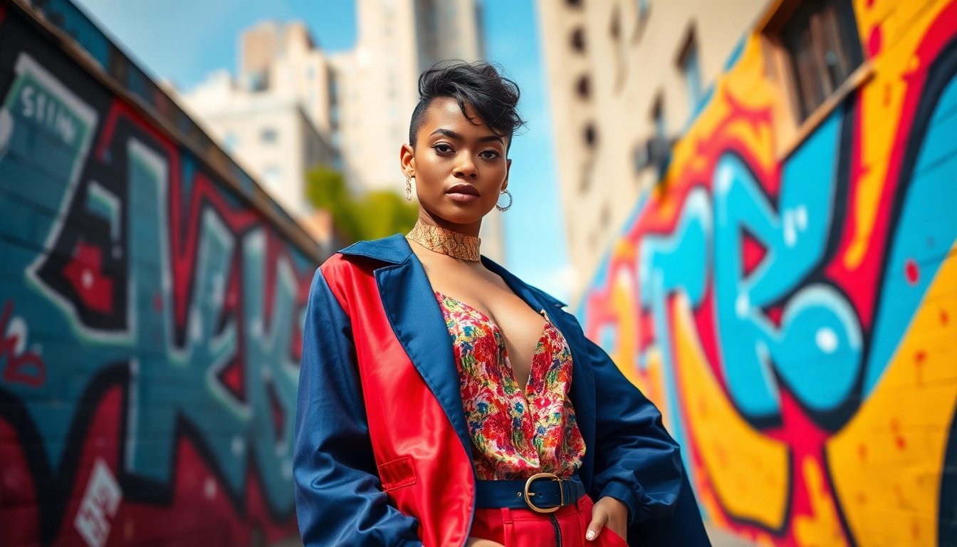 Fashion model displaying vibrant trends against a colorful urban backdrop.