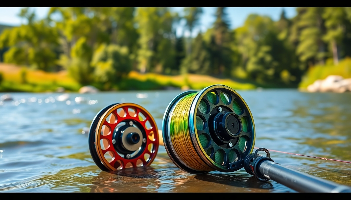 Catching big fish with the vibrant fly fishing line on a sunny river bank.