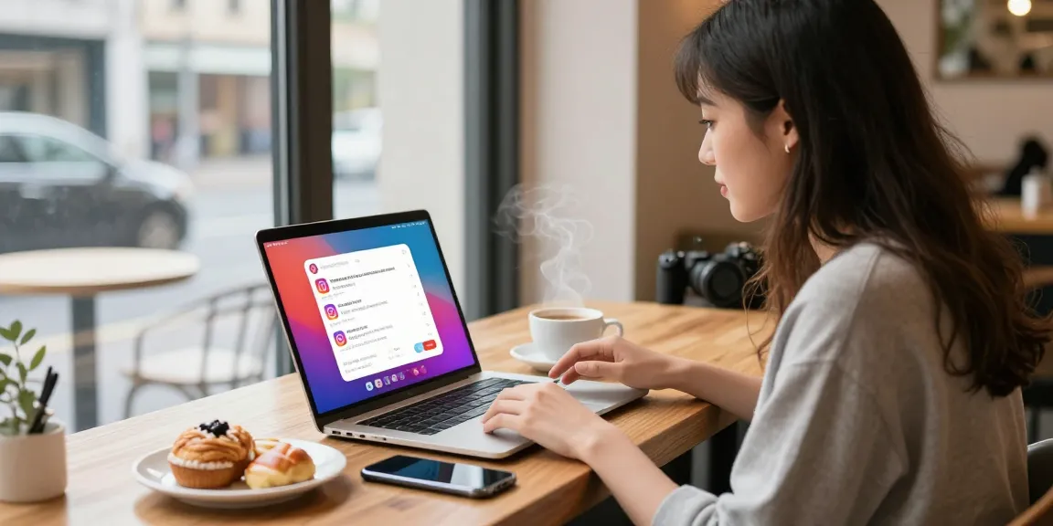 Engaging atmosphere to acheter des abonnés instagram francais, influencer with laptop analyzing social media metrics in a cozy café setting