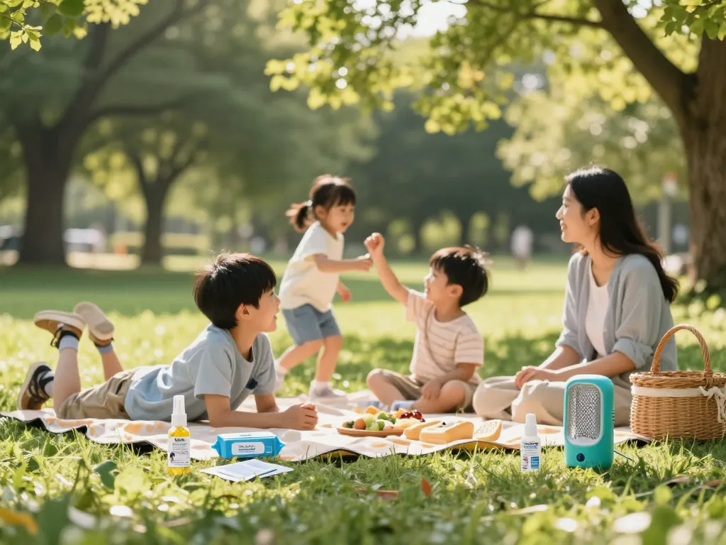 Family enjoying a picnic while using the best mosquito repellent products in a sunny park.