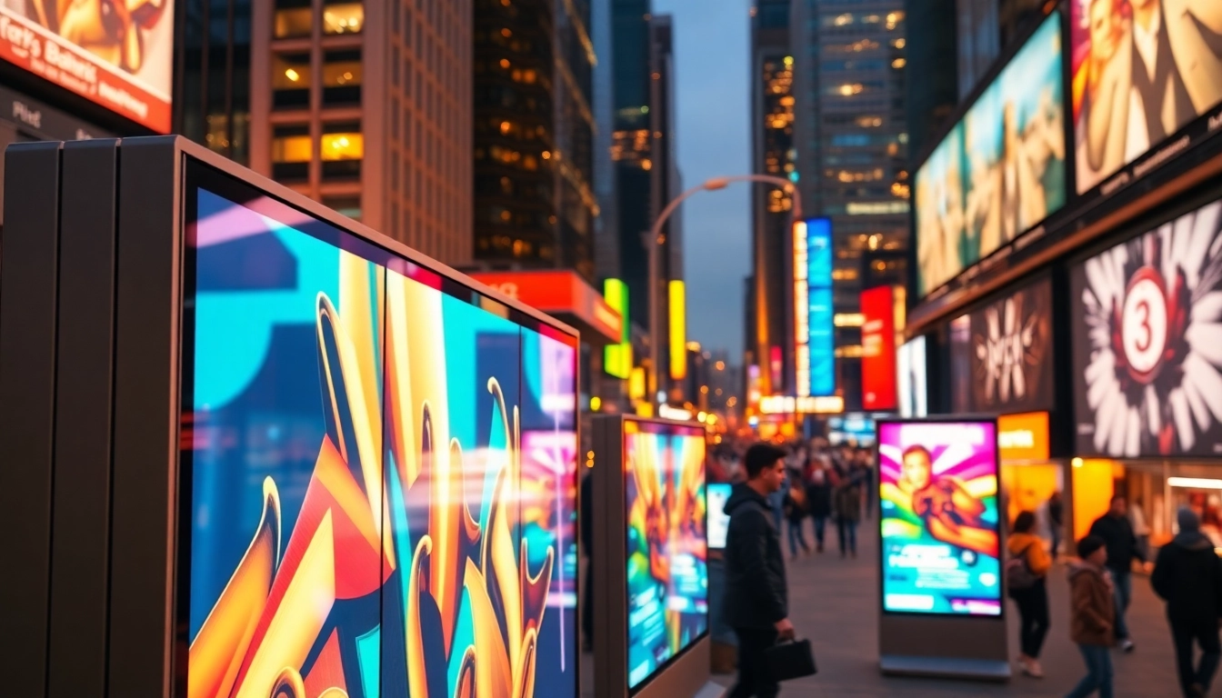 Engaging digital advertising boards illuminated in an urban landscape.