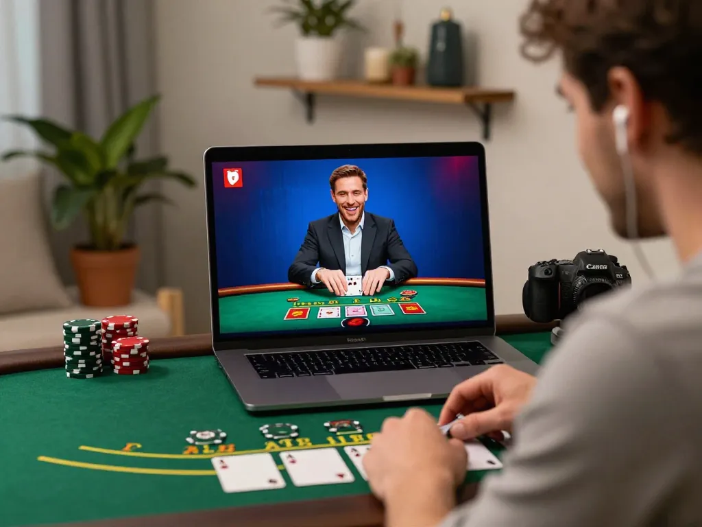 Player engaging in a live dealer blackjack game on a laptop at home showcasing sunwin gaming experience.