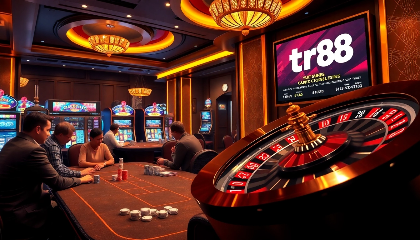Experience the thrill of tr88 online betting with an elegant casino setting featuring poker and roulette.