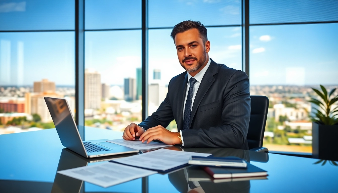Modesto Accident Lawyer consulting in an office with city view, showcasing professionalism and dedication.