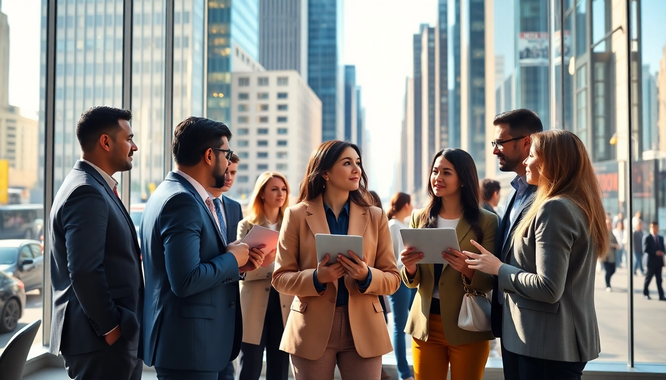Engaged professionals networking for jobs new york in a New York City office setting.