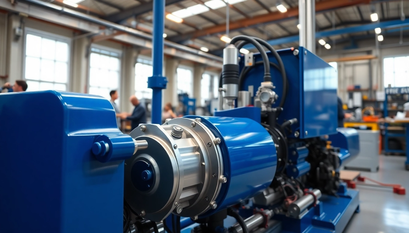 Highlighting industrial hydraulics solutions in a modern workshop featuring advanced machinery and technicians.