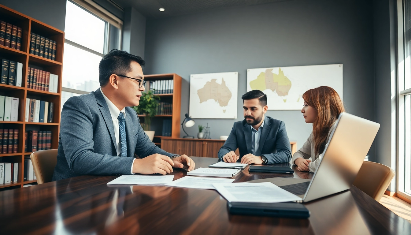 Immigration lawyer Melbourne consulting with clients in a modern office, showcasing professionalism and trust.